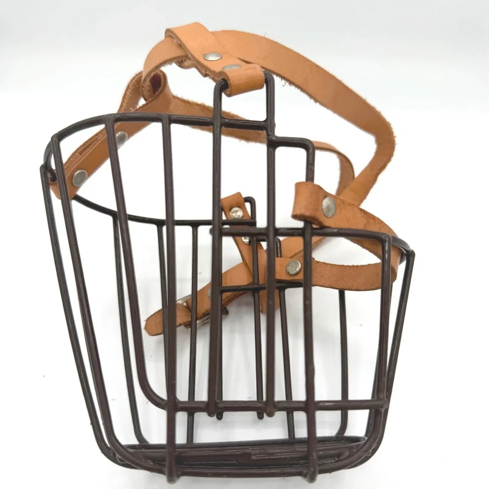 Vintage Wire Basket Dog Muzzle Leather Straps Metal Cage Adjustable Primitive